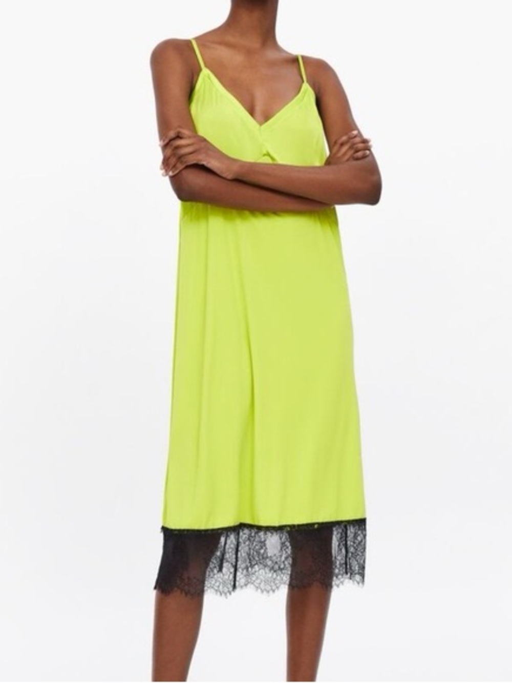 Zara Neon Yellow Slip Dress with Black Lace Trim